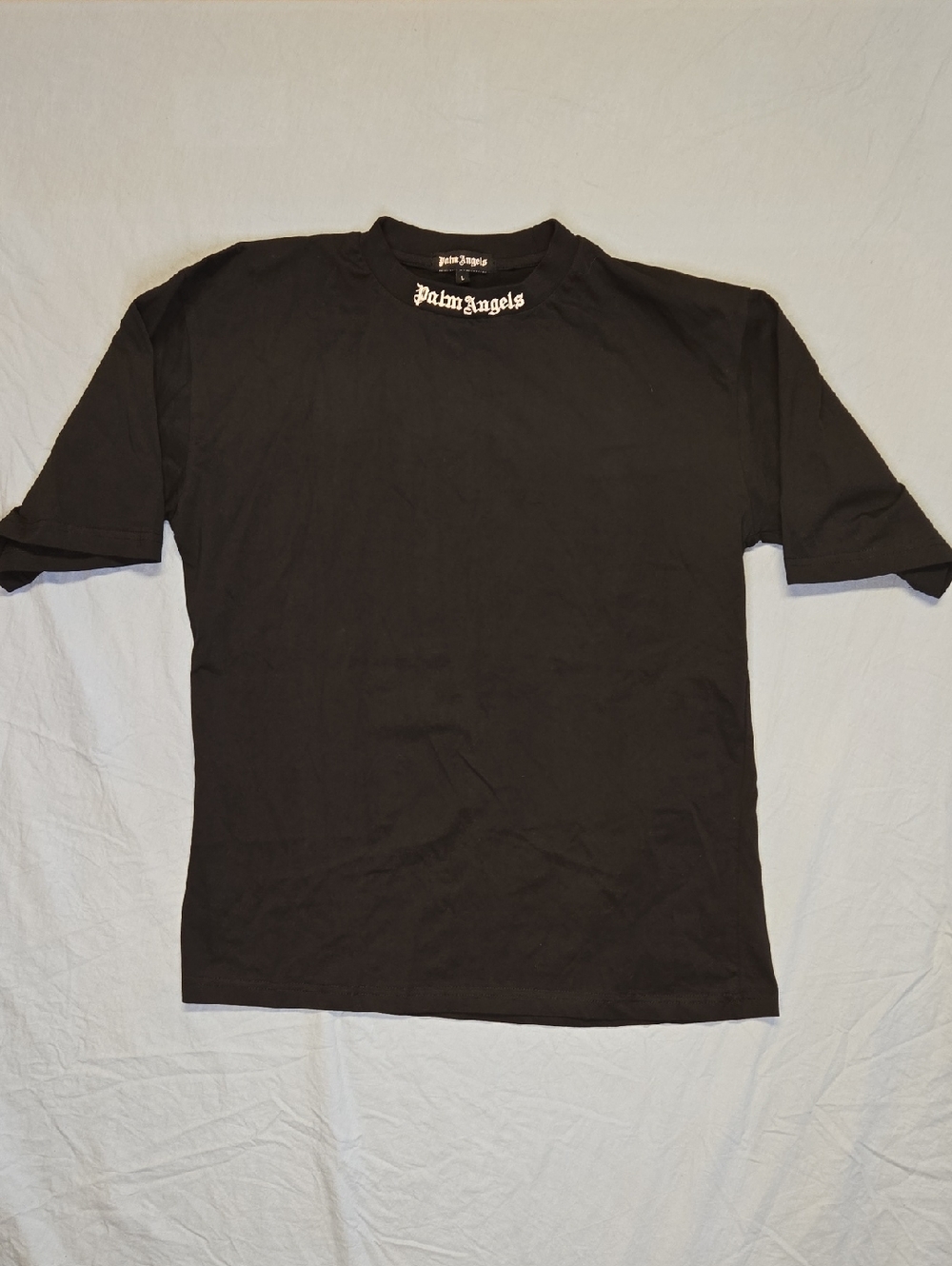 Palm Angels Crewneck T Shirt with White Embroidered Neck Logo Black & White
